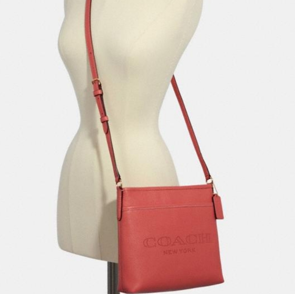 Coach Bright Coral Perforated Leather File Bag - Picture 5 of 8